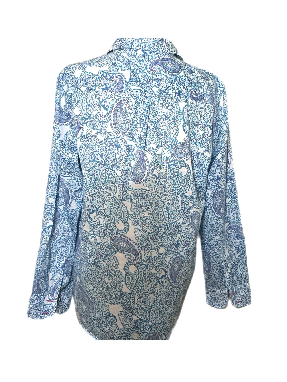 Talbots Blue Paisley Button Front Blouse Medium 100% Cotton Long Sleeve - Picture 2 of 7
